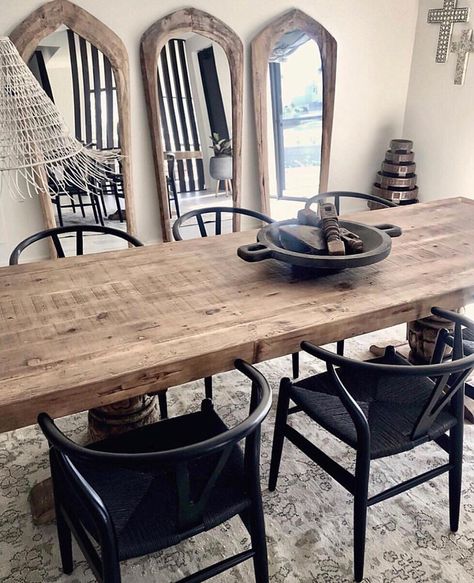 Black Wishbone Dining Chairs, Wishbone Chair Dining Room, Wishbone Chair Dining, Black Wishbone Chair, Terrace Furniture, Wood Dining Room Table, Cottage Inspiration, Harvest Table, Dining Table Black