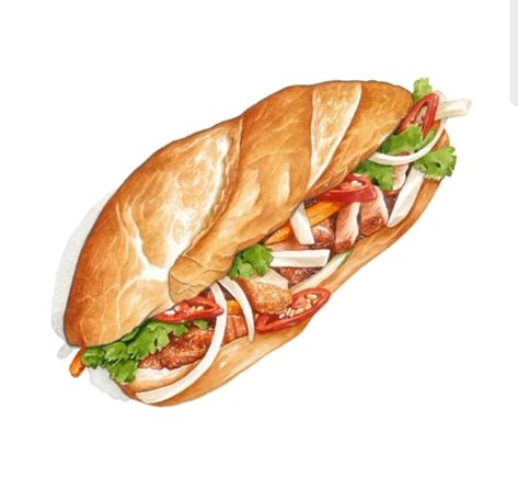 Banh Mi Art, Watercolor Illustration Tutorial, Hanoi Food, Vietnamese Banh Mi, Vietnam Food, Food Clipart, Food Png, Food Illustration Art, Banh Mi