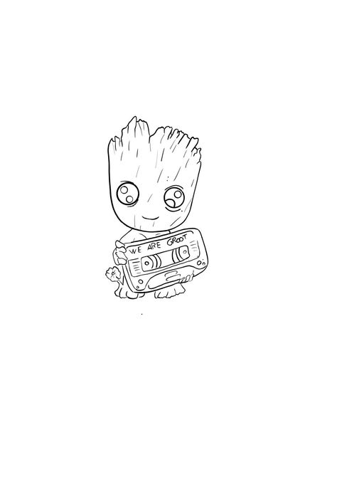 Small Cute Outline Tattoos, Groot Tattoo Stencil, We Are Groot Tattoo, Groot Line Art, Marvel Fine Line Tattoo, Disney Tattoo Outline, Cartoon Tattoo Stencils, Groot Tattoo Design, Groot Tattoo Ideas