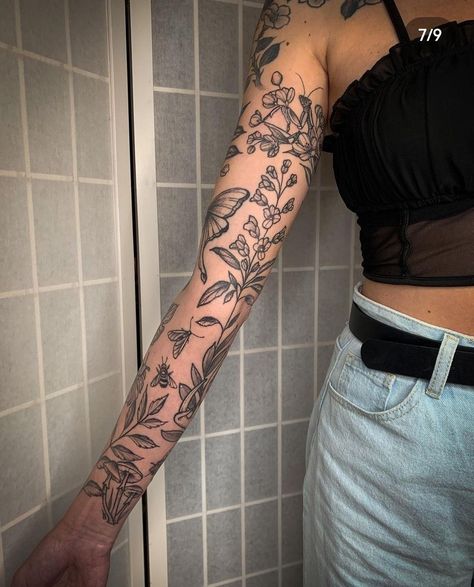 Soft Feminine Sleeve Tattoo, Floral Tattoo Design Arm Sleeve, Creative Arm Sleeve Tattoos For Women, Arm To Wrist Tattoo, Linework Sleeve Women, Hippy Tattoo Sleeve, Lower Arm Tattoo Placement, Flower Sticker Sleeve Tattoo, Forest Patchwork Tattoo