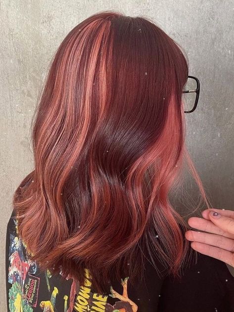 Inspiration Deep Maroon Hair With Blonde, Auburn Hair With Color Blocking, Hair Panels Colored, Two Toned Dark Hair, Subtle Two Tone Hair, 2 Toned Red Hair, Unquie Hair Color, Burgundy Color Block Hair, Fantasy Color Hair Ideas