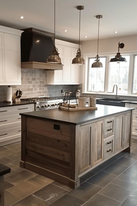 Wood Island Black Countertop, Granite Waterfall Island, Granite Island Kitchen, Granite Kitchen Island, Modern Black Kitchen, White Mosaic Tiles, Granite Island, Black Granite Countertops, Island Countertops