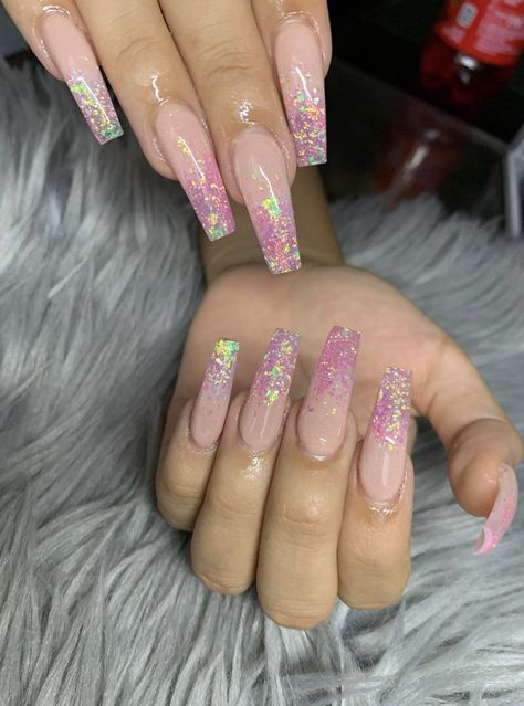 Ombré Coffin Nails, Ombré Coffin, Glitter Tip Nails, Glitter Nails Acrylic, Ombre Nail Designs, Nails Glitter, Short Nail Designs, Neutral Nails, Acrylic Nails Coffin