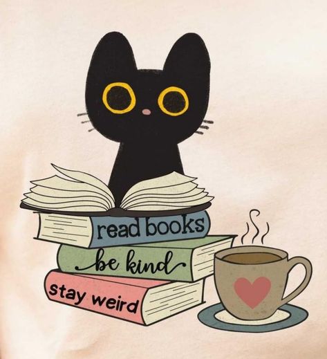 Cat And Books Drawing, Reading Pfp Aesthetic, Books And Coffee Illustration, Book And Coffee Drawing, Kawaii Book Drawing, Cute Library Drawing, Cat Reading Book Drawing, Bookworm Drawing, Cats With Books