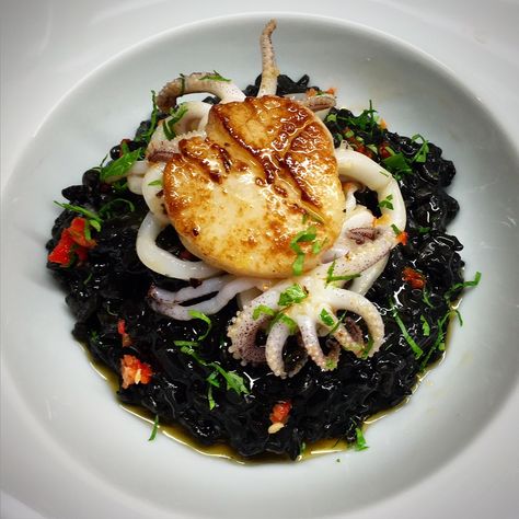 Squid Ink Risotto with Scallops, Baby Squid and Chilli Oil | Ravenous Fox Risotto With Scallops, Baby Squid, Chilli Oil, Arborio Rice, Fish Stock, Risotto Recipes, Red Chilli, Seafood, Fox