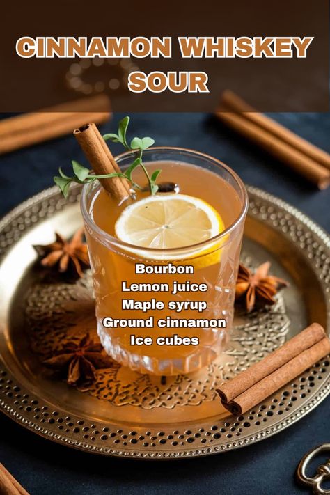 A glass of Cinnamon Whiskey Sour with a cinnamon stick garnish, offering a bold and seasonal twist. Cinnamon Whiskey Sour, Caramel Apple Martini, Cider Mimosas, Whiskey Sour Recipe, Maple Whiskey, Thanksgiving Cocktail Recipes, Apple Cider Mimosa, Whiskey Smash, Cinnamon Simple Syrup