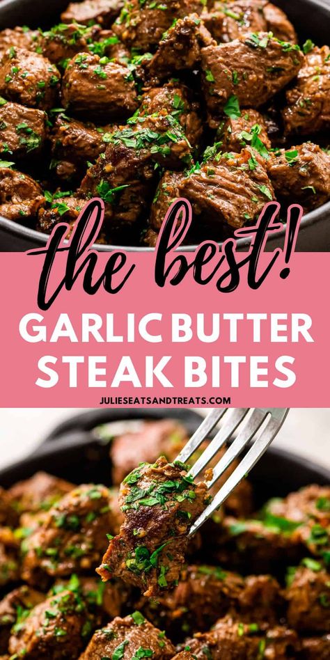 Garlic Butter Steak Bites are an easy one pan meal that's ready in 15 minutes. Tender, juicy steak bites tossed in a homemade garlic butter. An easy dinner recipe that will get rave reviews and is so easy to make. Steak Bites With Garlic Butter, Steak Appetizers, Ways To Cook Steak, Garlic Butter Steak Bites, Butter Steak Bites, Steak Bites Recipe, Beef Kebabs, Butter Steak, Easy Steak Recipes