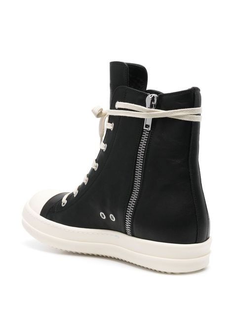 Find RICK OWENS Zip-up High-top Sneakers on Editorialist. black/white calf leather round toe rubber toecap oversize tongue ankle-length branded leather insole leather lining contrasting rubber sole interchangeable laces front lace-up fastening side zip fastening This piece comes complete with a protective dust bag. Rick Owens Boots, Rick Owens Shoes, Rick Owens Sneakers, Lanvin Sneakers, Flatform Sneakers, Rick Owens Jacket, Wedge Heel Boots, Off White Shoes, Rick Owens Men