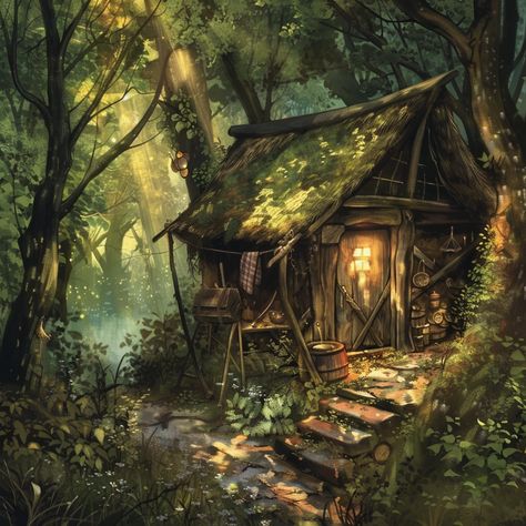 Fantasy Hideout, Medieval Cabin, Fantasy Cabin, Medieval Cottage, Dnd Locations, Casa Fantasy, Fantasy Cottage, Wooden Hut, Fantasy Beasts