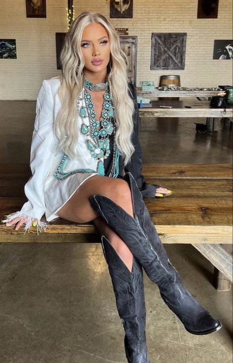 Big Country Hair, Rhinestone Western Boots Outfit, Knee High Boots Outfit Western, Long Cowgirl Boots Outfits, Dan Post Knee High Boots Outfit, Over The Knee Cowboy Boots Outfit, Outfits For Cowgirl Boots, Knee High Cowgirl Boots Outfits, Sparkly Cowgirl Boots Outfit