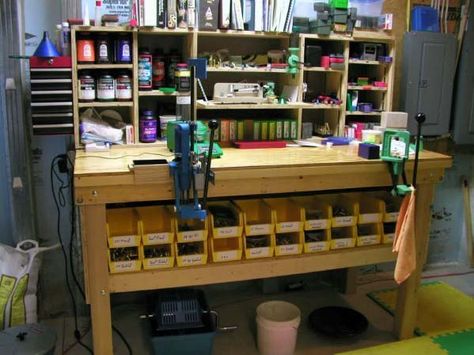 Top 60 Best Reloading Bench Ideas - Room Designs Reloading Table, Reloading Bench Plans, Reloading Room, Reloading Press, Gear Room, Reloading Bench, Small Workspace, Hunting Room, Barn Wood Projects