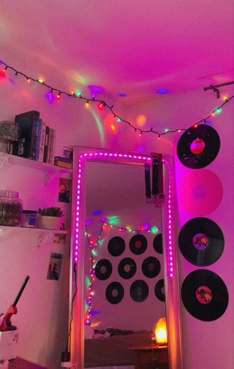 Room With Led Lights And Posters, Colorful Christmas Lights In The Bedroom, Room With Red Led Lights, Christmas Lights In Room, Coquette Room With Led Lights, Ranbow Bedroom Lights, Christmas Lights In Bedroom, Colored Christmas Lights, Led Disco Lights