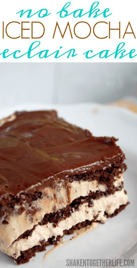 Iced Mocha Eclair Cake (A No Bake Dessert!) Iced Coffee Freezer Cake, Coffee Ice Box Cake, Coffee Icebox Cake, Easy Coffee Dessert Recipes, Coffee Dessert Ideas, Desert Lasagna, Mocha Dessert Recipes, Coffee Desserts Easy, Frozen Coffee Recipe