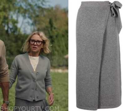 Grey Wrap Skirt Outfit, Nora Brannock Style, The Watcher Outfits, Wrap Skirt Outfit, Cable Knit Sweater Outfit, The Watcher, Knit Sweater Outfit, Worn On Tv, Where To Buy Clothes