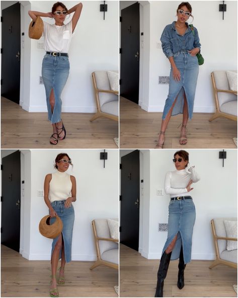 Jean Skirt Street Style, Spring Jean Skirt Outfits, Long Demin Skirt Outfit Casual, Pencil Skirt Outfits Casual Summer, Jean Skirt Styling, Long Jean Skirt Outfits Fall 2024, Denim Midi Skirt Outfits, Styling Jean Skirt, Jean Pencil Skirt Outfit