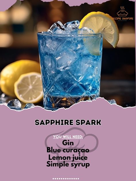 💎✨ Experience the dazzling taste of Sapphire Spark! A vibrant blend of flavors that shines bright! 💙🍸 #SapphireSpark #ShimmeringCocktails Sapphire Spark Ingredients: Gin (1 oz) Blue curaçao (1/2 oz) Lemon juice (1/2 oz) Simple syrup (1/2 oz) Club soda (to top) Ice Lemon twist (for garnish) Instructions: Fill a shaker with ice. Add gin, blue curaçao, lemon juice, and simple syrup. Shake well and strain into a glass filled with ice. Top with club soda. Garnish with a lemon twist. 🌟💙 A spark... Boozy Recipes, Liquor Recipes, Cocktail Party Food, Lemon Twist, Blue Drinks, Gin Drinks, Mixed Drinks Alcohol, Yummy Alcoholic Drinks, Cocktail Lounge