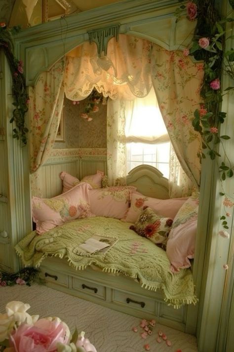 Royalcore Bedroom, Bedroom Paint Ideas, Green Window, Dream Bedroom Inspiration, Casa Vintage, Window Bed, Cute Bedroom Decor, Dream House Rooms, Cozy Room Decor