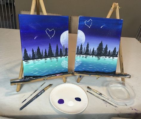 Couples Painting Tutorials - Free Online Paint Night At Home Couple Crafts Together Projects, Best Friend Painting Ideas, Painting Date Ideas, Couples Painting, Painting Date, Sky Heart, Couples Night, Couples Canvas Painting, Wine And Paint Night