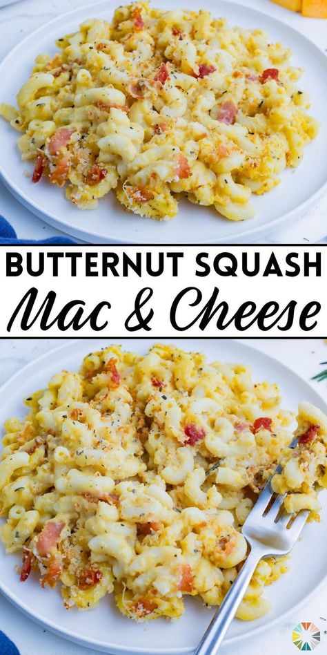 If you want to elevate your mac and cheese game, then this butternut squash mac and cheese with bacon is the answer! Creamy Gruyere and cheddar cheese come together with a mix of fresh herbs and subtle spices to make the most velvety smooth and flavor-packed sauce! You can serve this up for a fancy fall side, or change up your traditional Thanksgiving menu with this impressive dish. Make this mac and cheese for your next easy lunch or dinner! Butternut Squash Bacon, Mac And Cheese With Bacon, Oven Roasted Butternut Squash, Squash Mac And Cheese, Cheese Game, Butternut Squash Mac, Butternut Squash Mac And Cheese, Butternut Squash Cubes, Butternut Squash Puree