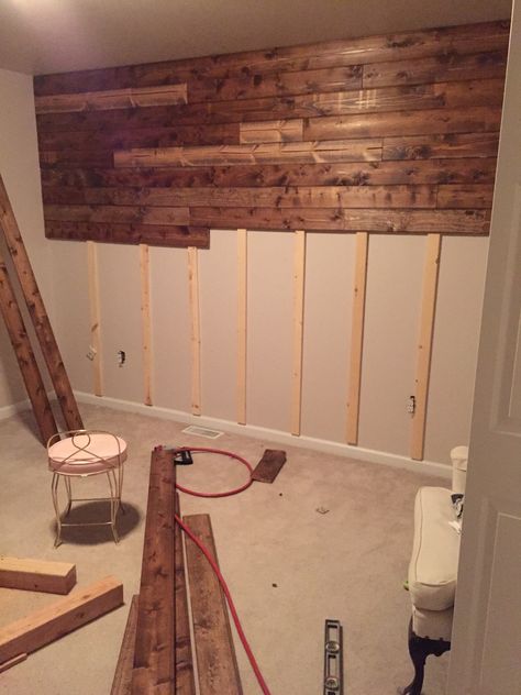 Wooden Accent Wall, False Wall, Wood Accent Wall, Pallet Wall, Basement Remodeling, Wood Accents, Design Case, The Room, Entertainment Unit