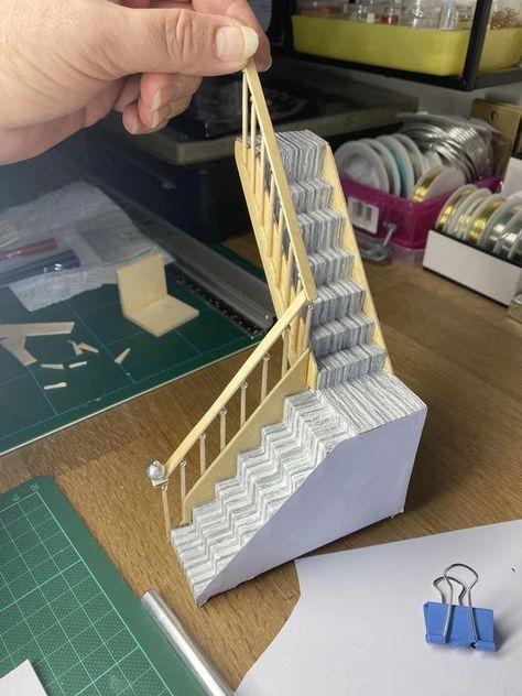 Dollhouse miniatures made from everyday things | Stairs!!! 🤯😤🤬 Held together with glue and a lot of words not allowed on here | Facebook Stairs Miniature, Doll House Stairs, Mini Stairs, Dollhouse Staircase, Dollhouse Stairs, Genesis Art, Dog Leg, Diy Stairs, Art Teaching