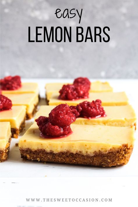 Easy lemon bars have a tart and irresistible lemon filling layered on top of a delicious and simple graham cracker crust. These bars are a crowd pleaser and perfect for any occasion! #lemonbars #lemondessert #thesweetoccasion Bars With Graham Cracker Crust, Easy Lemon Bars, Fruit Desserts Easy, Apple Cider Donuts Baked, Lemon Bars Easy, Fruit Dessert Recipes, Dessert For Two, Lemon Filling, Summer Recipe