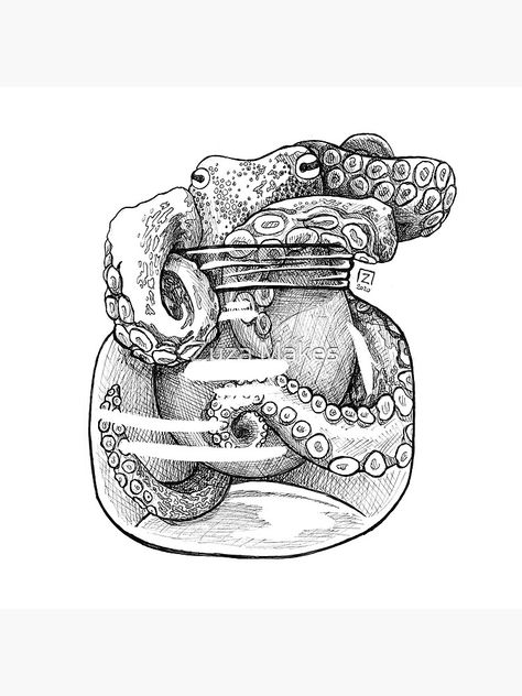 "Octopus in a Jar" Poster for Sale by Zuza Makes | Redbubble Octopus In A Jar Tattoo, Octopus Reading, Octopus In A Jar, Octopus In A Bottle, Octopus Tattoos Fine Line, Jar Art Drawing, Tank Drawing, Octopus Illustration, Knife Drawing