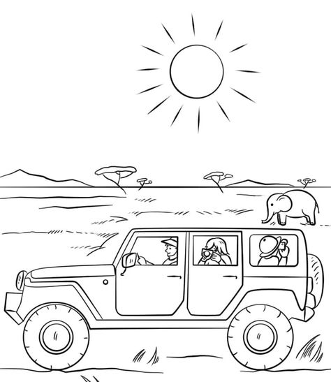 Safari Jeep coloring page Jeep Colouring Pages, Jeep Coloring Pages, Jeep Drawing, Jeep Art, Safari Jeep, Football Drawing, Children Drawing, Botanical Flowers Print, Boat Drawing