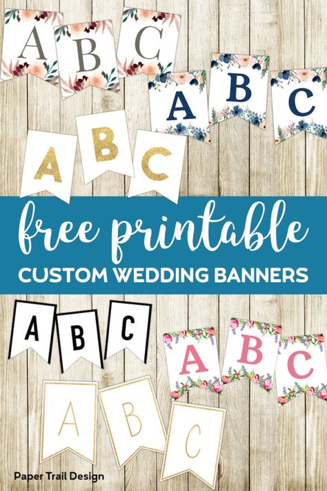 Free Printable Wedding Banners. Use these wedding decor ideas from gold to floral banners to create a custom message for your reception. #papertraildesign #weddingshower #bridalshower #weddingdecor #custombanners #budgetwedding Floral Banner Printable, We Will Miss You Banner Printable Free, Welcome Home Banner Diy Free Printable, Banner Alphabet Printable Letters, Congratulations Banner Printable Free, Free Printable Welcome Sign, Free Banner Letters, Wedding Banners Ideas, Welcome Banner Printable Free