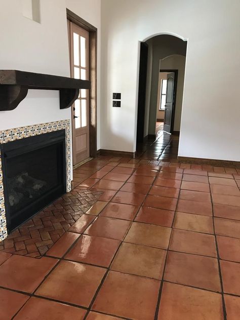 12X12 Saltillo Natural on Living Room Saltillo Tile Living Room Modern, Faux Saltillo Tile, Spanish Tile Living Room, Saltillo Tile Floor Living Room, Red Tile Floor Living Rooms, Brown Tiles Floor Living Room, Mexican Flooring, Terracota Floors, Saltillo Tile Living Room