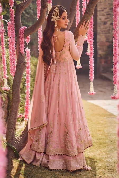 Buy Pink Georgette Embroidery Zari Leaf Neck Floral Vine Anarkali Sharara Set For Women by LASHKARAA Online at Aza Fashions. Vine Embroidery, Embroidered Anarkali, Embroidered Hem, Georgette Tops, Sharara Set, Floral Vine, Sequins Embroidery, Fashion App, New Launch