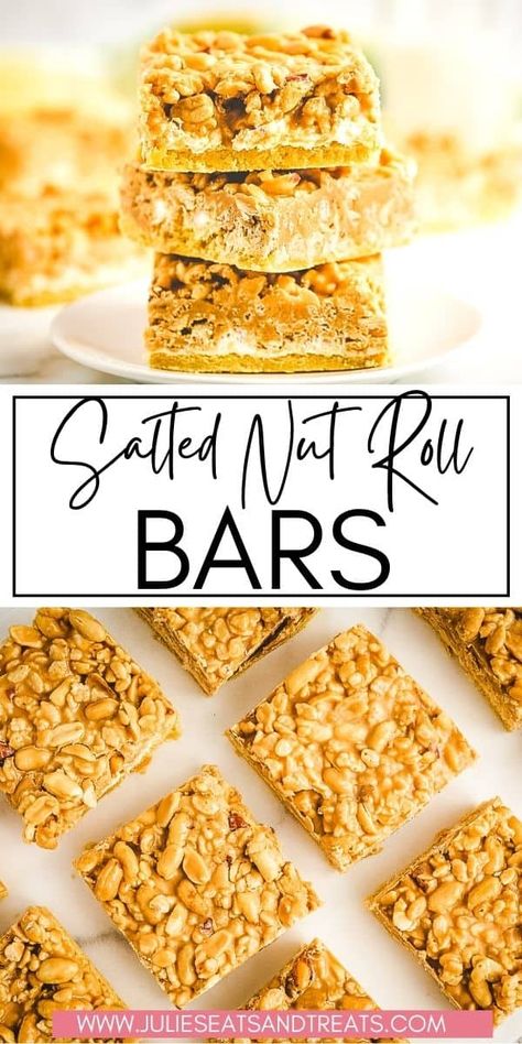 Make your own homemade Salted Nut Roll Bars! This copy cat candy bar dessert recipe starts with a cake batter bottom, then is topped with gooey marshmallows, peanuts and a peanut butter mixture for a delicious dessert recipe. They are soft, chewy and buttery and oh so good. Dare I say they are even better than the popular candy bar? Salted Nut Roll Bars, Nut Roll Bars, Salted Nut Roll, Salted Nut Rolls, Nut Roll Recipe, Nut Roll, Sweets Bar, Nut Rolls, Salted Nuts