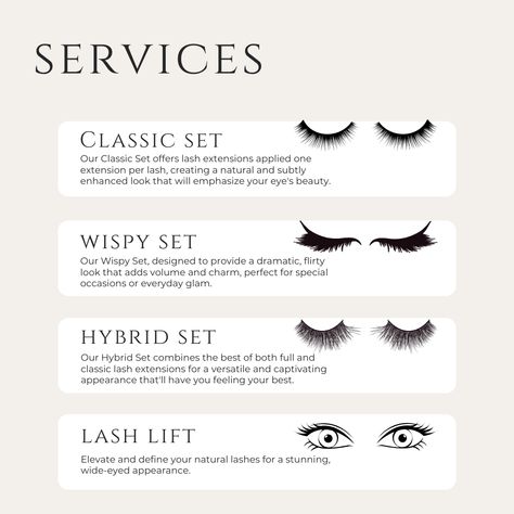 Which lash style will you choose for your next appointment? ✨ Classic, wispy, hybrid, or a lash lift? Let your eyes do the talking and elevate your beauty game with our lash services. #ClassicLashes #WispyLashes #HybridLashes #LashLift Classic Lash Description, Eyelashes Extensions Styles, Wispy Hybrid, Lash Photography, Lash Content, Lash Art, Insta Nails, Eye Lash Photography, Extensions Lashes