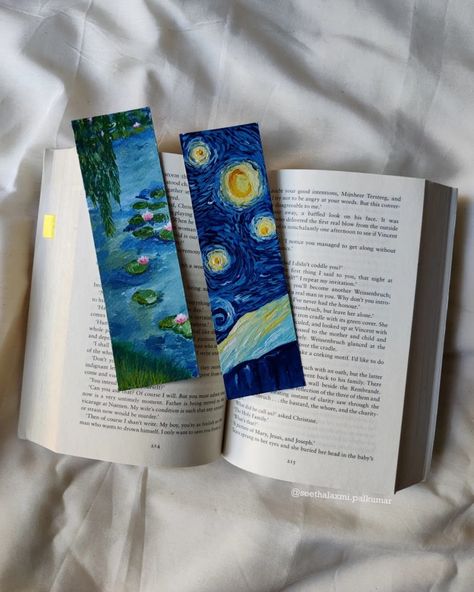 Bookmarks Ideas Creative, Bookmark Ideas Creative, Starry Night Bookmark, Bookmark Painting Ideas, Painted Bookmarks, Lilly Pond, Attractive Wallpapers, Handmade Bookmarks Diy, Spiderman Art Sketch