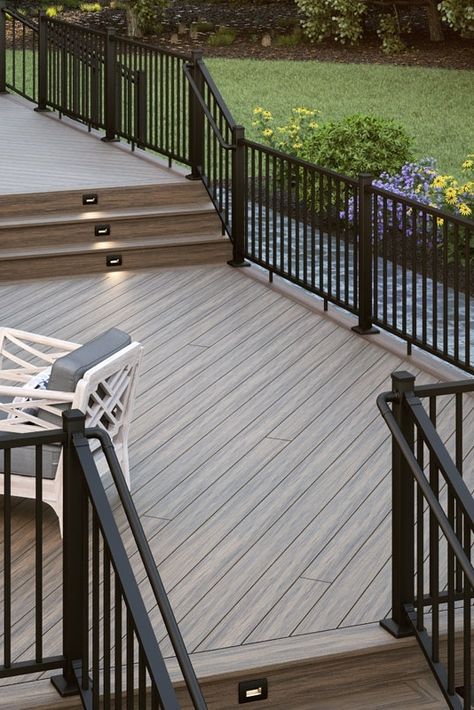 Deck With Grey House, Modern Trex Deck Ideas, Grey Trek Deck Ideas, Light Colored Deck, Exterior Deck Ideas, Gray Trex Deck Ideas, Grey Trex Deck, Timber Tech Deck Ideas, Trek Deck Ideas