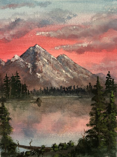 Beginner Painting Mountains, Long Mountain Painting, Colorado Mountain Painting, Mountain And Tree Painting, Mountain Lake Landscape Painting, Watercolor Mountains Landscape, Mountains And River Painting, Mountains And Lake Painting, Mountain With Sunset Painting