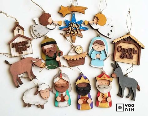 Super cute Christmas ornaments Nativity theme set, great kids and family activity for Christmas. Includes 14 designs. Christian Christmas Tree, Nativity Christmas Tree, Nativity House, Crate Diy, Tiered Tray Diy, Laser Cut Wood Crafts, Christmas Church, Diy Christmas Tree Ornaments, Nativity Ornaments