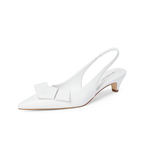 PRICES MAY VARY. 【kitten Bow Heels】:White kitten heels with classic closed toe, slingback and kitten heels design, this low heels keeps it fun with a pointed toe and fold over bow detail. 【Low heels】: The low heeled sandals height is about 1.77 in/4.5cm. These white slingback heels feature an ideal chunky heel height that ensures stability and ease while walking. 【Easy on and off】: Slip on white kitten heels are convenient for women to slip on and take off，also provide a snug and comfortable fit Chunky Wedding Shoes, White Kitty Heels, Wedding Low Heels, White Slingback Heels, White Kitten Heels, Heels Design, White Kitten, Heels White, Shoe Image