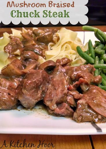 A Kitchen Hoor | Slow Cooker Mushroom Braised Chuck Steaks Beef Chuck Steak Recipes, Chuck Steak Recipes, Beef Chuck Steaks, Mains Recipes, Chuck Steak, Steak And Mushrooms, Mushroom Gravy, Beef Chuck, Steak Recipe