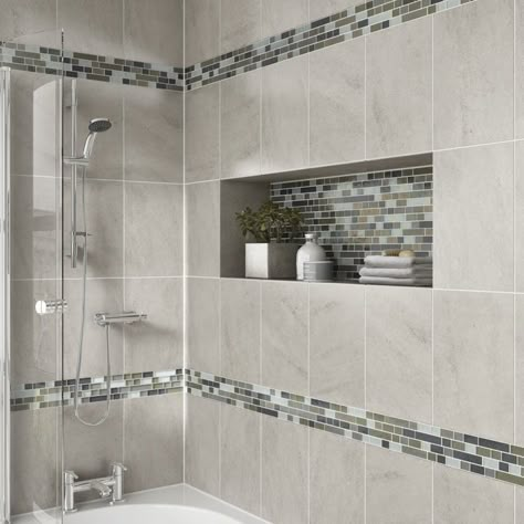 Clean and sleek! Modern bath with mosaic tile detail tub & shower. Tiles Ideas, Crystal Springs, Wet Room, Shower Niche, Bathroom Shower Tile, Shower Tile Designs, Bathroom Remodel Shower, Decor Baie, Tile Designs