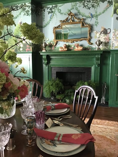 ken-fulk-kips-bay-decorator-show-house-2017-habituallychic-023 Green Mantle, Mix And Match Dining Room, Magical Menagerie, Ken Fulk, De Gournay Wallpaper, Show House, Place Making, How To Mix, Living Room Remodel