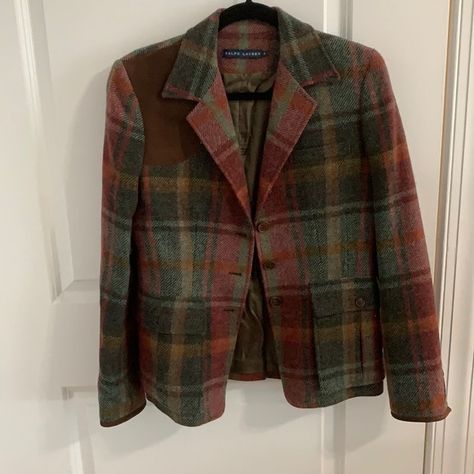 Ralph Lauren Plaid Jacket with suede details Ralph Lauren Plaid, Brown And Green, Brown Silk, Plaid Jacket, Jacket Blazer, Green Plaid, Wool Plaid, Red Brown, Alpaca