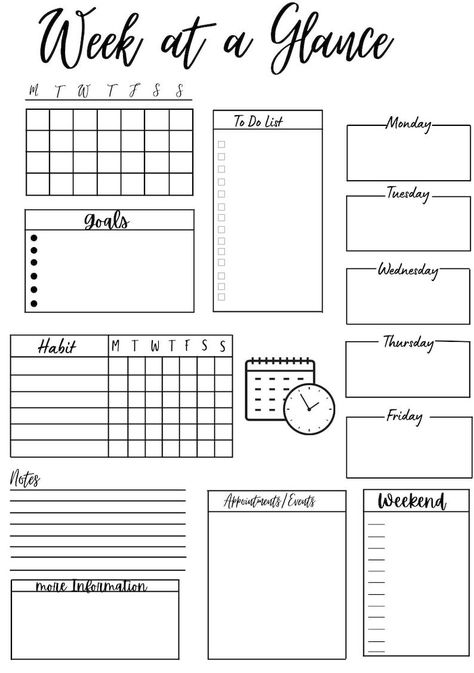 Kick off the new year with a fresh start! This printable weekly planner features a "week at a glance" layout and a stylish clock image, perfect for scheduling your goals and keeping track of your busy week.  Download it now and start organizing your dreams for a happier, more productive year. #holidayfonts #ad Planner Design Ideas Layout, Weekly Layout Planner, Week At A Glance Template, Notebook Into Planner, Weekly Tracker Bullet Journal, Simple Weekly Bullet Journal Layout, Weekly Bullet Journal Layout Template, 12 Week Year Bullet Journal, Week At A Glance Bullet Journal