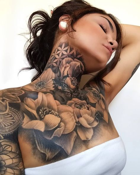 Women Chest Neck Tattoo, Neck And Chest Tattoos For Women, Girl Chest Tattoo Ideas, Chest Tattoo Female Upper Cover Up, Chest And Neck Tattoo Female, Tattoo Brust Frau, Half Back Tattoos Women, Female Chest Tattoo Ideas, Female Chest Tattoo