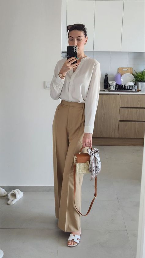 White Pants And Brown Top Outfit, Cream Beige Pants Outfit, How To Style Beige Formal Pants, High Waisted Pants Beige, White Blouse Formal Outfit, Cream Shirt Outfit Women Work, White Polo And Trousers Women, Beige Silk Shirt Outfit, Silk Fit Pants