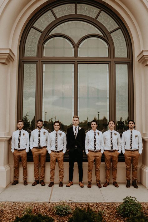 Tan And Rust Wedding Party, Khaki And Black Groomsmen Attire, Groomsmen Attire Brown Pants, Terracotta Wedding Groomsmen, Fall Wedding Groomsmen Attire, Fall Groomsmen Attire, Prescott Wedding, Tan Groomsmen, Rustic Groomsmen Attire