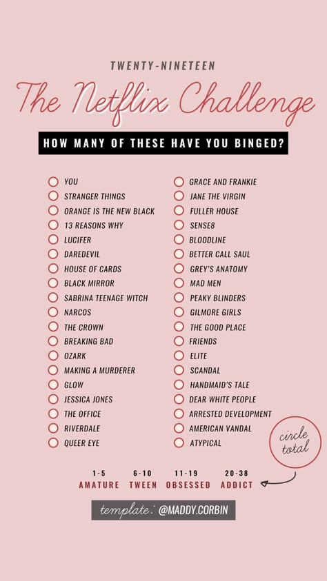 Instagram Story Template by Maddy.Corbin: Netflix Challenge! More on MaddyCorbin.com Netflix Challenge, Marathon Tattoo, Best Tv Shows To Watch, Netflix Suggestions, Netflix List, Netflix Movie List, Disney Movies List, Netflix Shows To Watch, Netflix Marathon