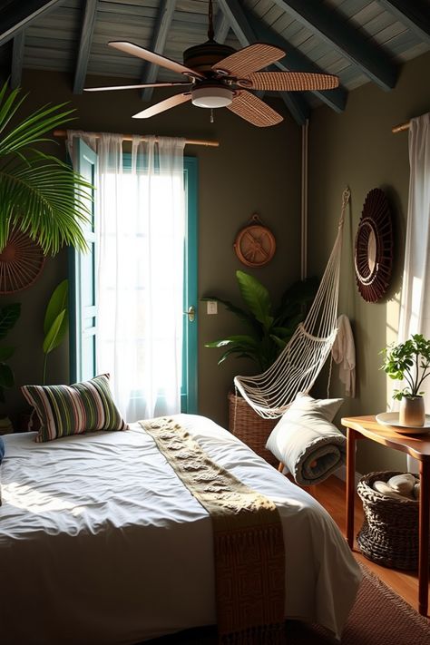 Dreaming of an escape to the Caribbean? Transform your bedroom into a tropical paradise with these 5 fantastic ideas! From colorful decor to inviting hammock nooks, infuse your space with island vibes. Imagine soft linens in soothing shades, natural materials like bamboo and rattan, and bohoco-inspired wall art. Create a cozy lounge corner that invites relaxation and comfort, perfect for unwinding with a book or basking in the sun. Get ready to bring the warmth of the Caribbean right into your home with these exciting and creative bedroom ideas! Caribbean Bedroom Ideas, Tropical Modern Bedroom, Caribbean Bedroom, Hippie Bedrooms, Creative Bedroom Ideas, Style Bedroom Ideas, Hippy Bedroom, Tropical Bedroom Decor, Cozy Hammock