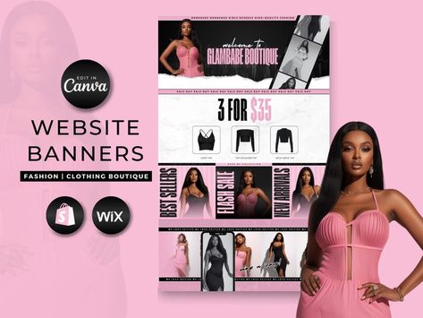 Pink DIY Fashion Web Banners | Fashion Boutique Web Banners | Clothing Shopify Wix Banners | Beauty Fashing Branding | Website Banner Design Graphics, Fashion Website Banner, Web Design Black, Black Website, Luxury Aesthetics, Pink Diy, Website Banner Design, Pink Cover, Design Hacks