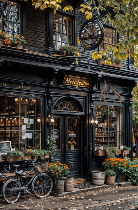 Vintage Cafe Exterior, Witchy Cafe Aesthetic, Vintage Shops Aesthetic, Coffee Shop Front Design, Aesthetic Cafe Exterior, Classic Cafe Design, Old Cafe Design, Vintage Store Fronts, Vintage Shop Fronts